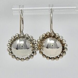 Sterling Silver 925 Round Dangle Earrings Beaded Border Dainty 1"x1/2" 4.2g